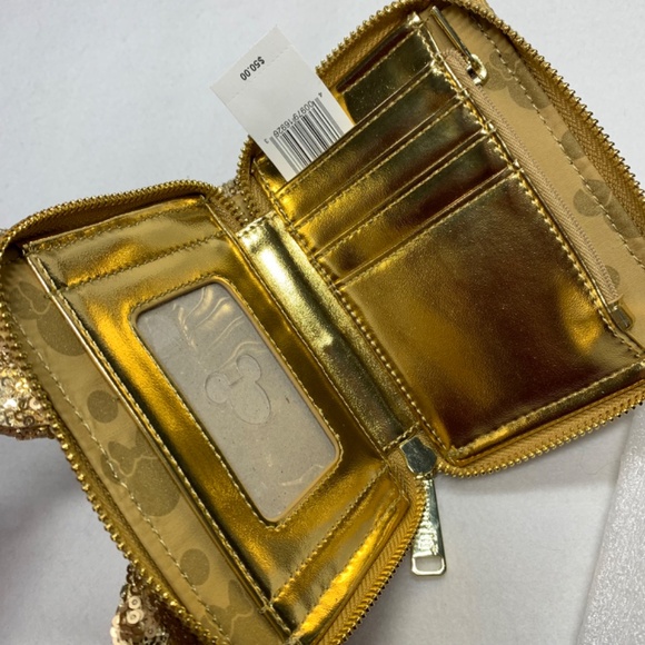 Loungefly Disney Wallet Gold Sequin Mickey Minnie Metallic 5 x 5 NWT Disneyland - Picture 8 of 9